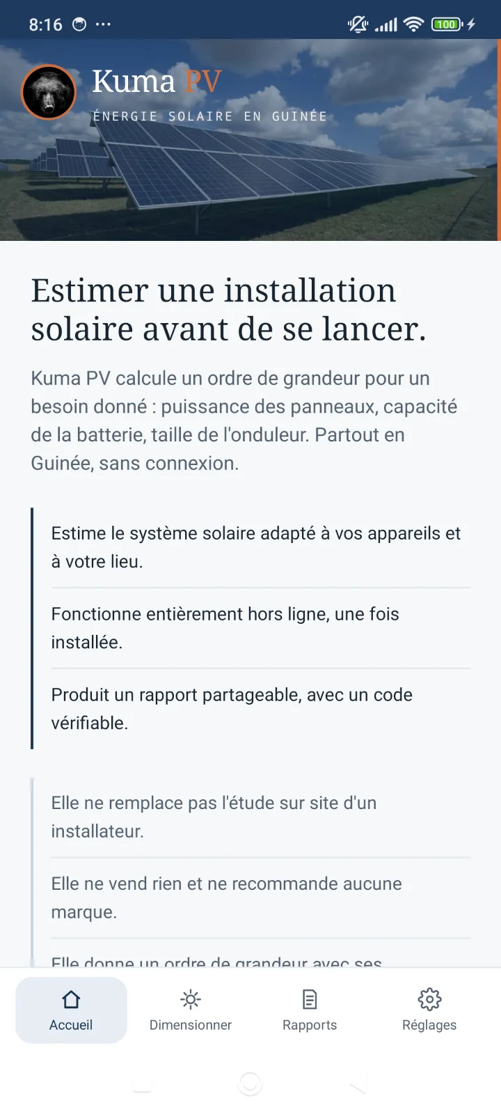Écran d'accueil de Kuma PV : estimer une installation solaire avant de se lancer, avec le périmètre honnête de l'application.