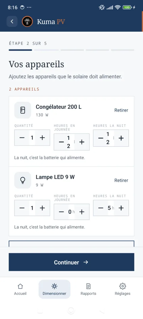 Écran des besoins : les équipements du foyer, quantités et heures d'usage.