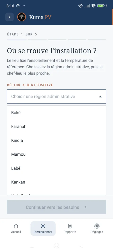 Écran du choix du lieu : liste des régions administratives puis des préfectures.