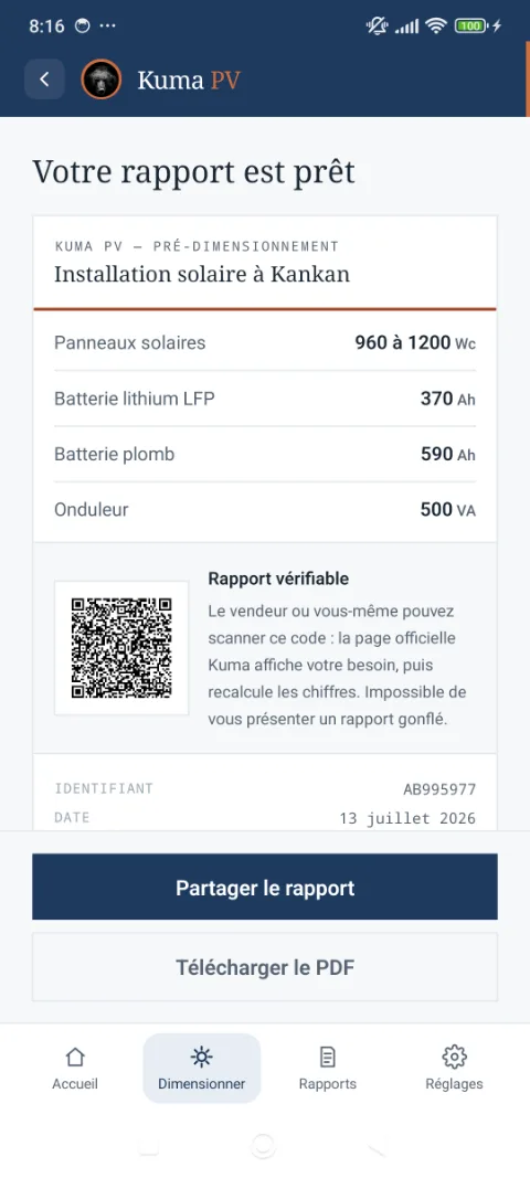 Écran du rapport : le document généré, à télécharger ou envoyer par WhatsApp.