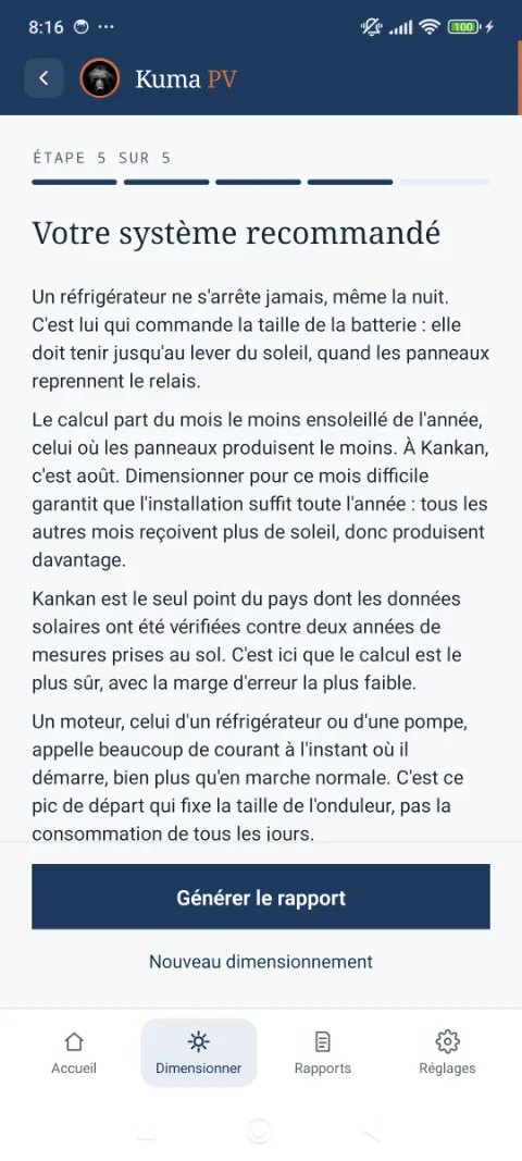 Écran de résultats : le système recommandé expliqué en clair, du mois défavorable au pic de démarrage.